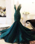 Sexy Dark Green Sequined Prom Dresses Mermaid V-Neck Organza Ruffles Evening Gowns